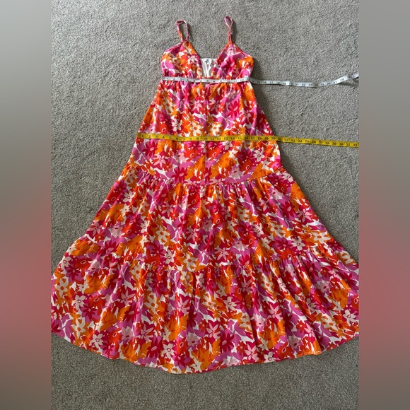 She+Sky Floral Deep V Maxi Dress S Straps Summer Sundress Tangerine & Fuchsia - Picture 6 of 15